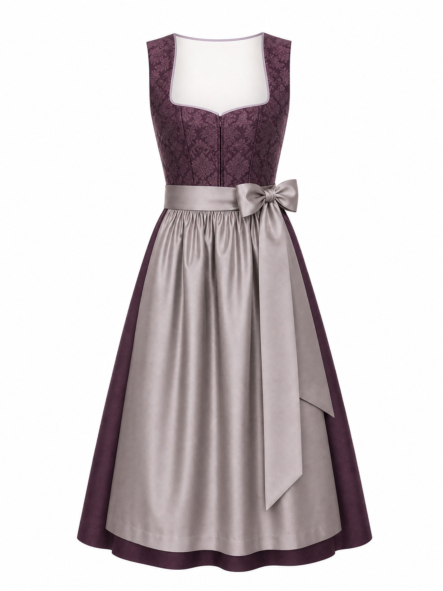 Dirndl Paula in Aubergine mit Perlgrau Schürze - Vorderansicht