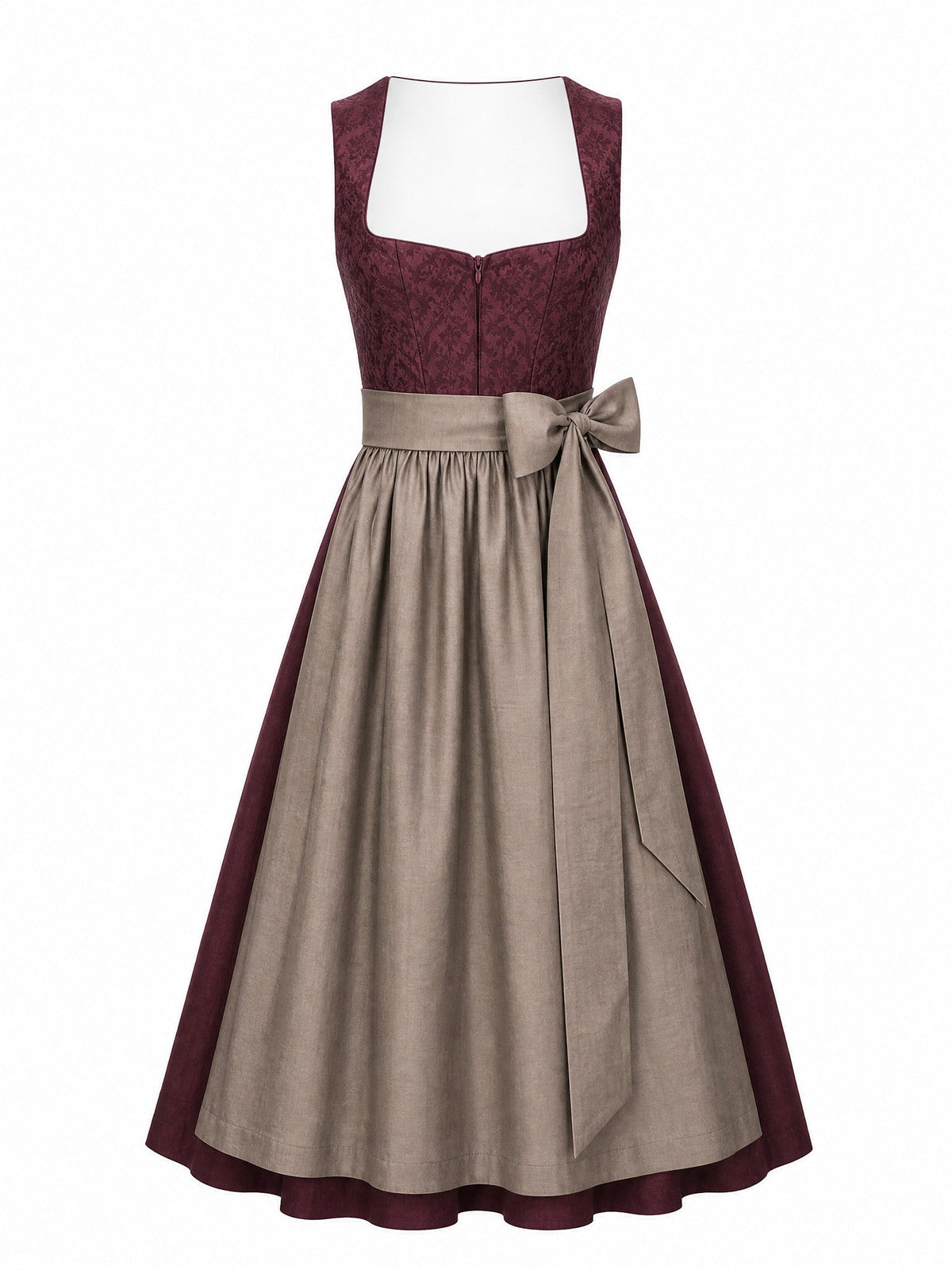Dirndl Teresa in Weinrot mit Taupe Schürze - Vorderansicht