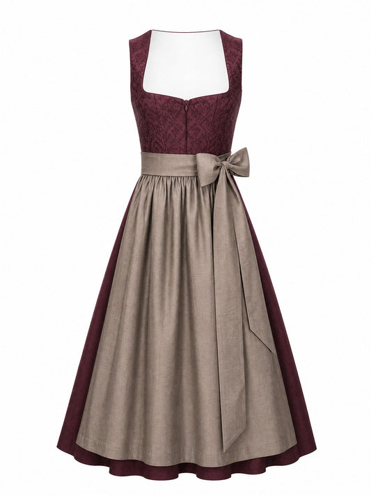 Dirndl Teresa in Weinrot mit Taupe Schürze - Vorderansicht