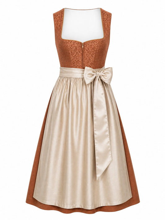 Dirndl Vera in Sienabraun mit Champagner Schürze - Vorderansicht