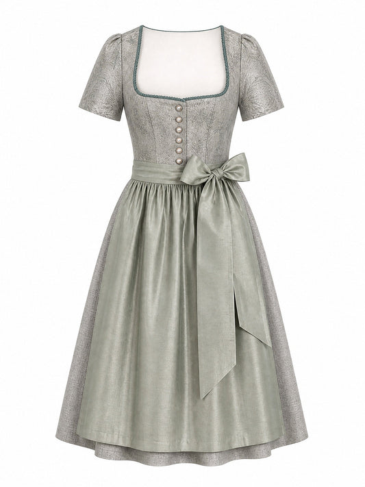 Dirndl Elena in Flechtengrau mit Salbeigrün Schürze - Vorderansicht