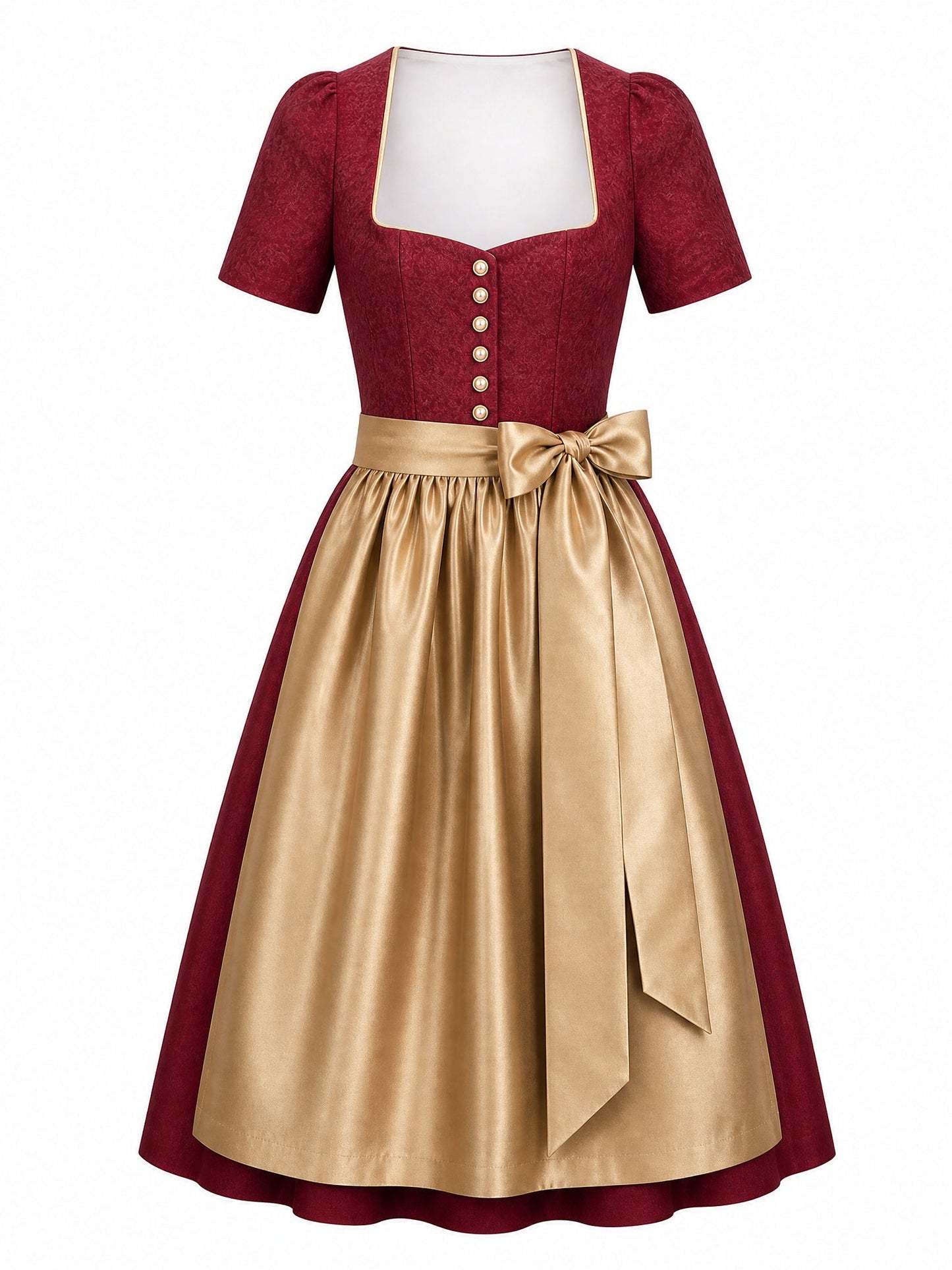 Dirndl Finja in Cranberryrot mit Antikgold Schürze - Vorderansicht