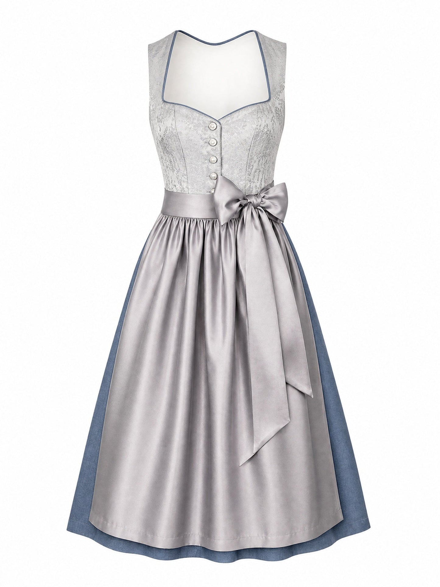 Dirndl Isabel in Silberblau mit Perlgrau Schürze - Vorderansicht