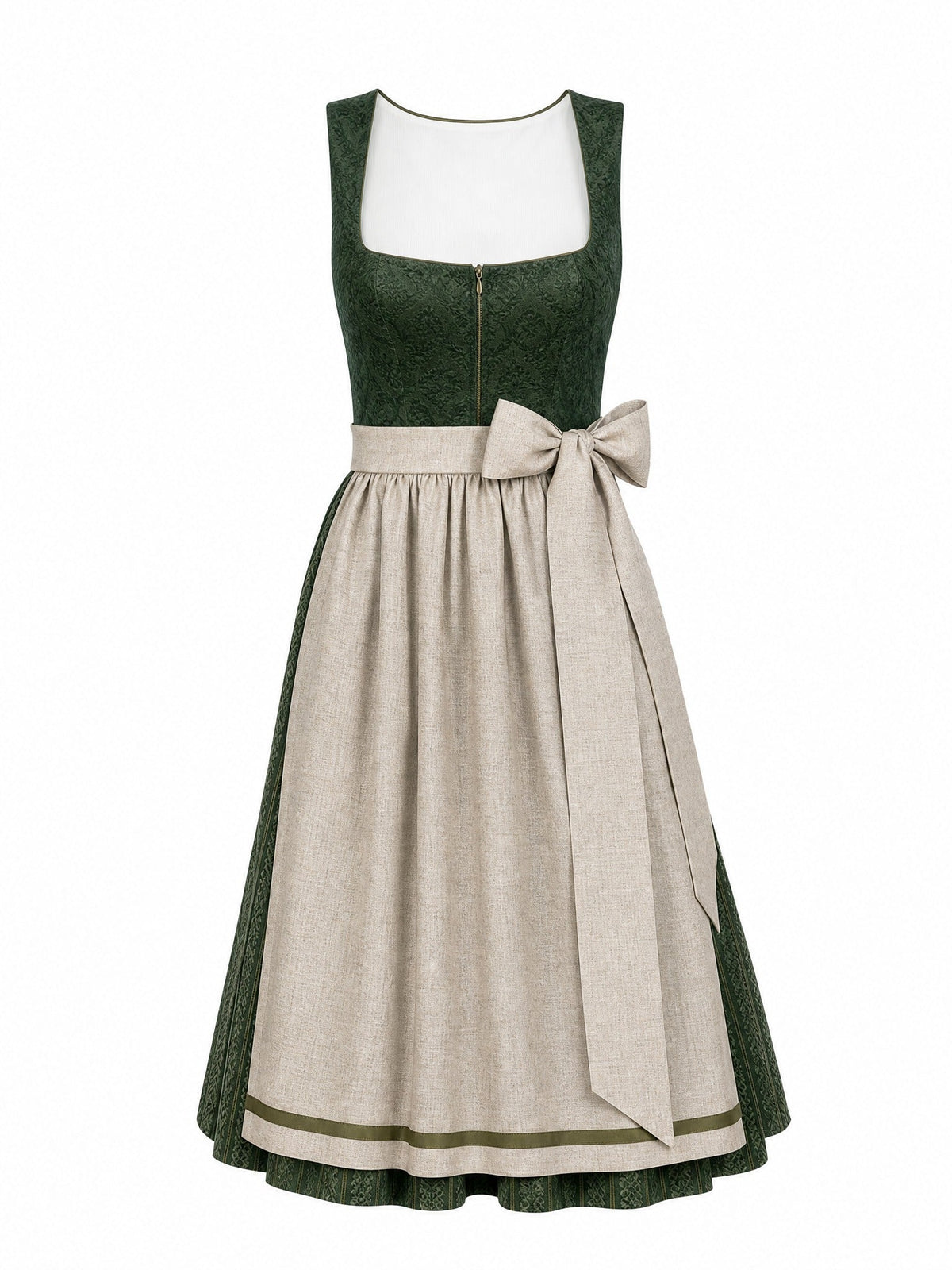 Dirndl Lia in Waldgrün mit Haferbeige Schürze - Vorderansicht