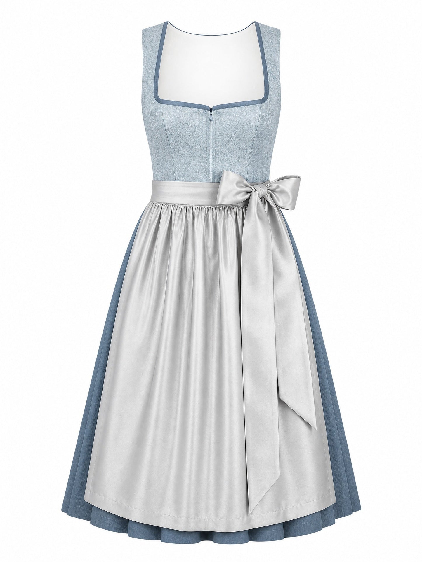 Dirndl Luisa in Puderblau mit Silber Schürze - Vorderansicht