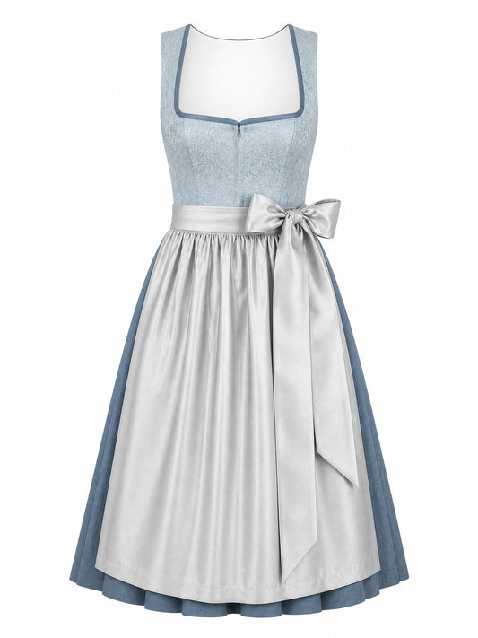 Dirndl Luisa in Puderblau mit Silber Schürze - Vorderansicht
