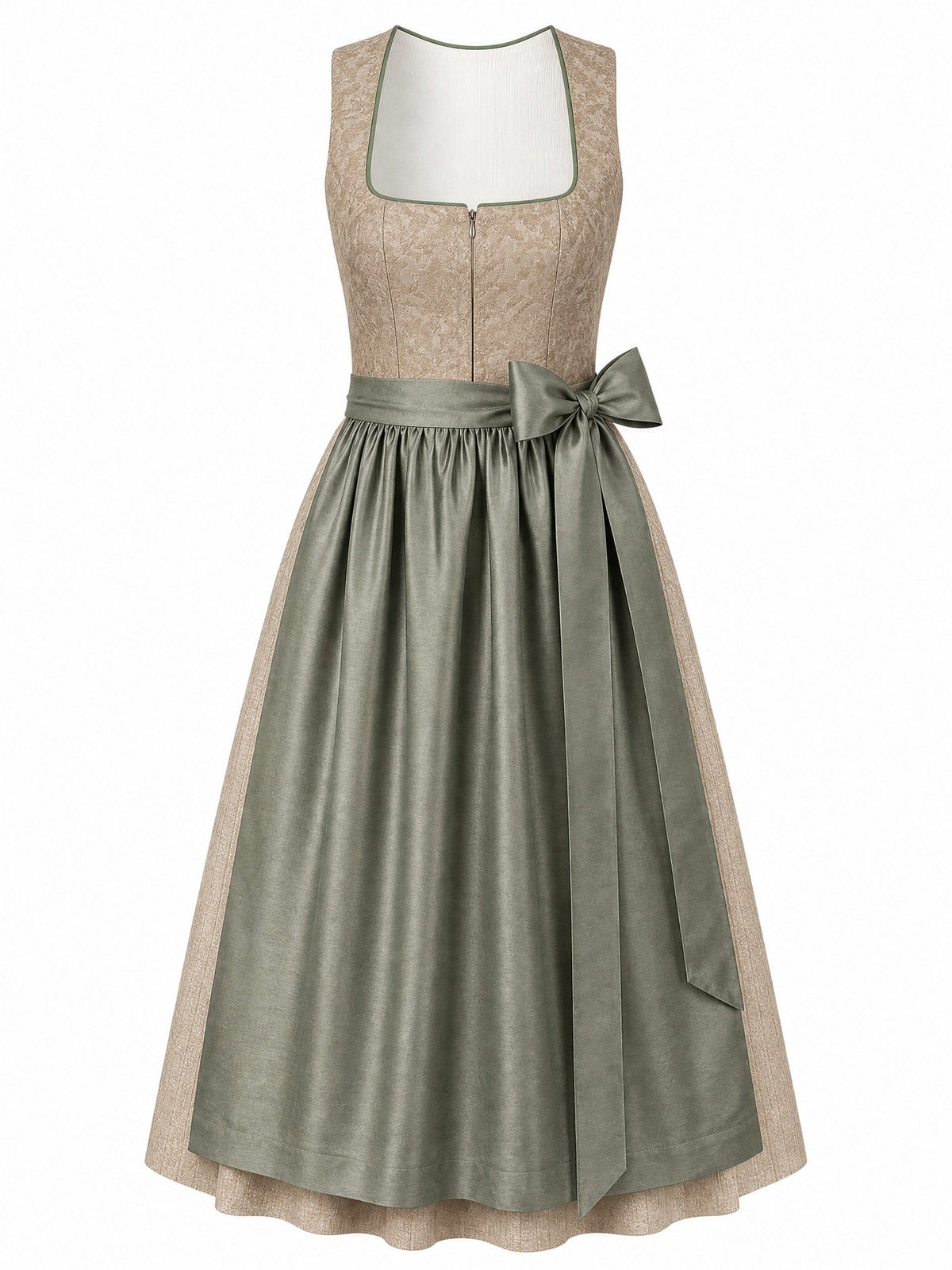 Dirndl Nela in Tonbeige mit Eukalyptusgrün Schürze - Vorderansicht