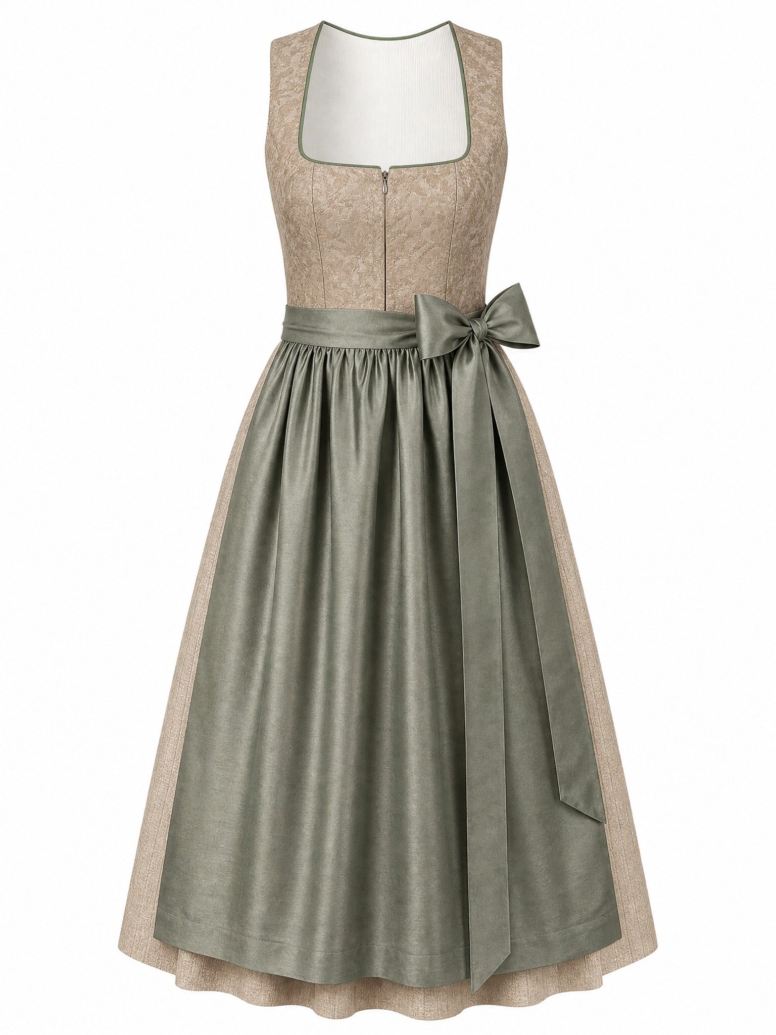 Dirndl Nela in Tonbeige mit Eukalyptusgrün Schürze - Vorderansicht