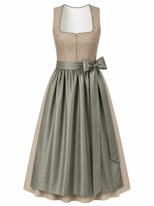Dirndl Nela in Tonbeige mit Eukalyptusgrün Schürze - Vorderansicht