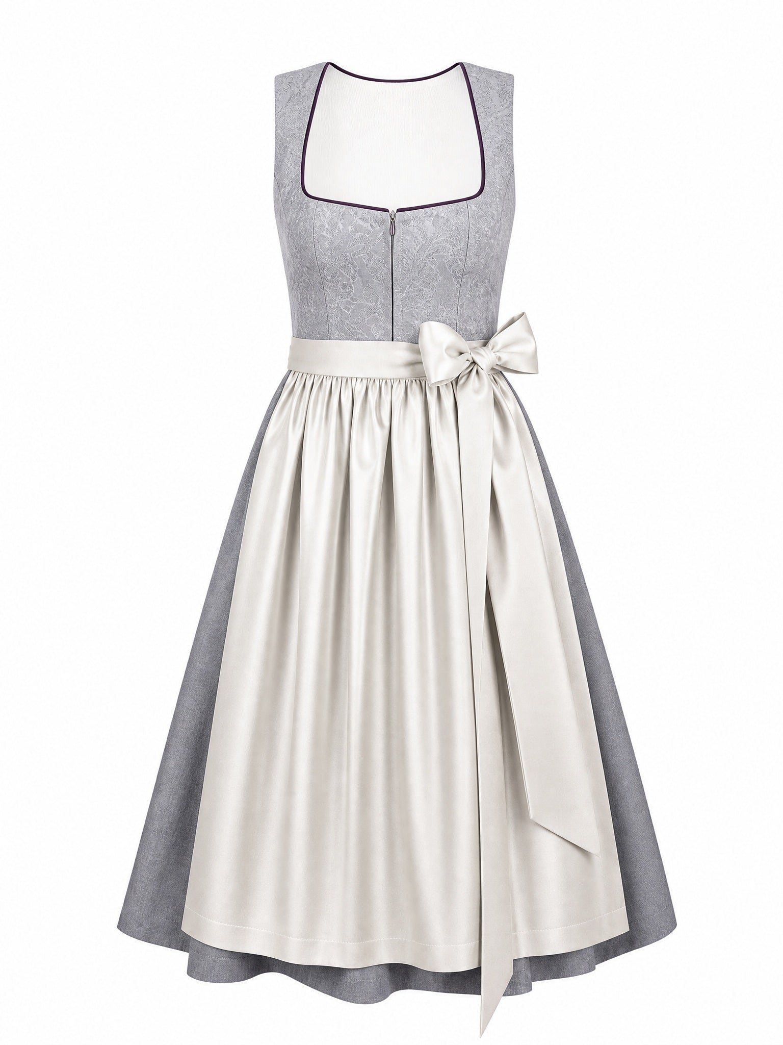 Dirndl Nora in Perlgrau mit Elfenbein Schürze - Vorderansicht